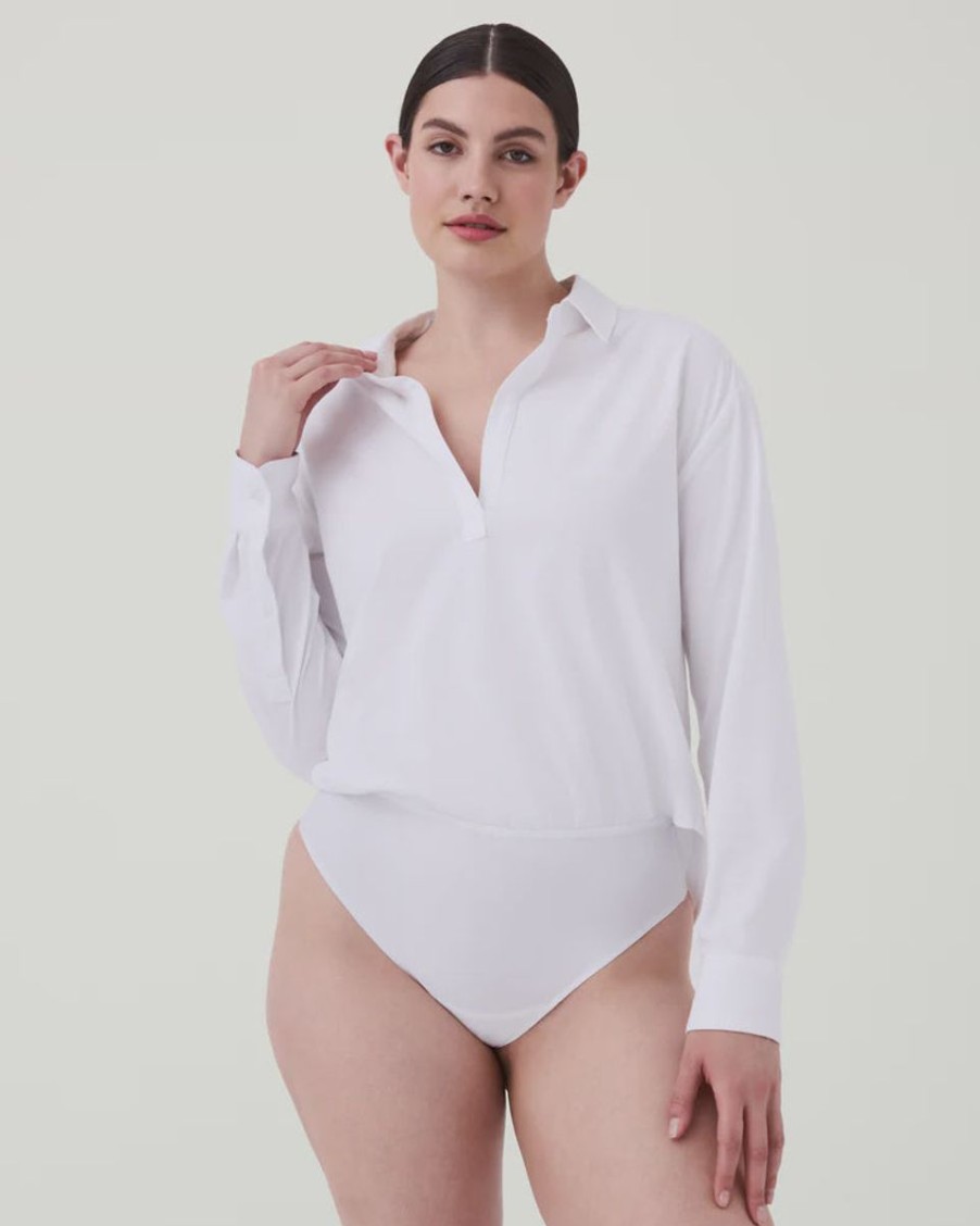 Women Spanx Blouses | The Collared Long Sleeve Bodysuit