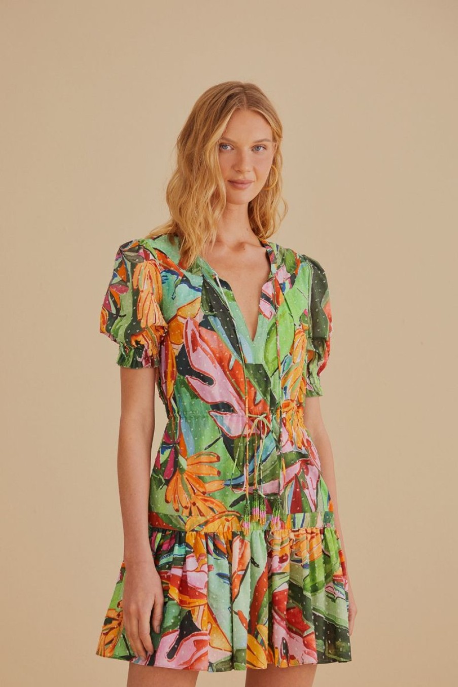 Women Farm Rio Dresses | Multicolor Banana Foliage Short Sleeve Mini Dress