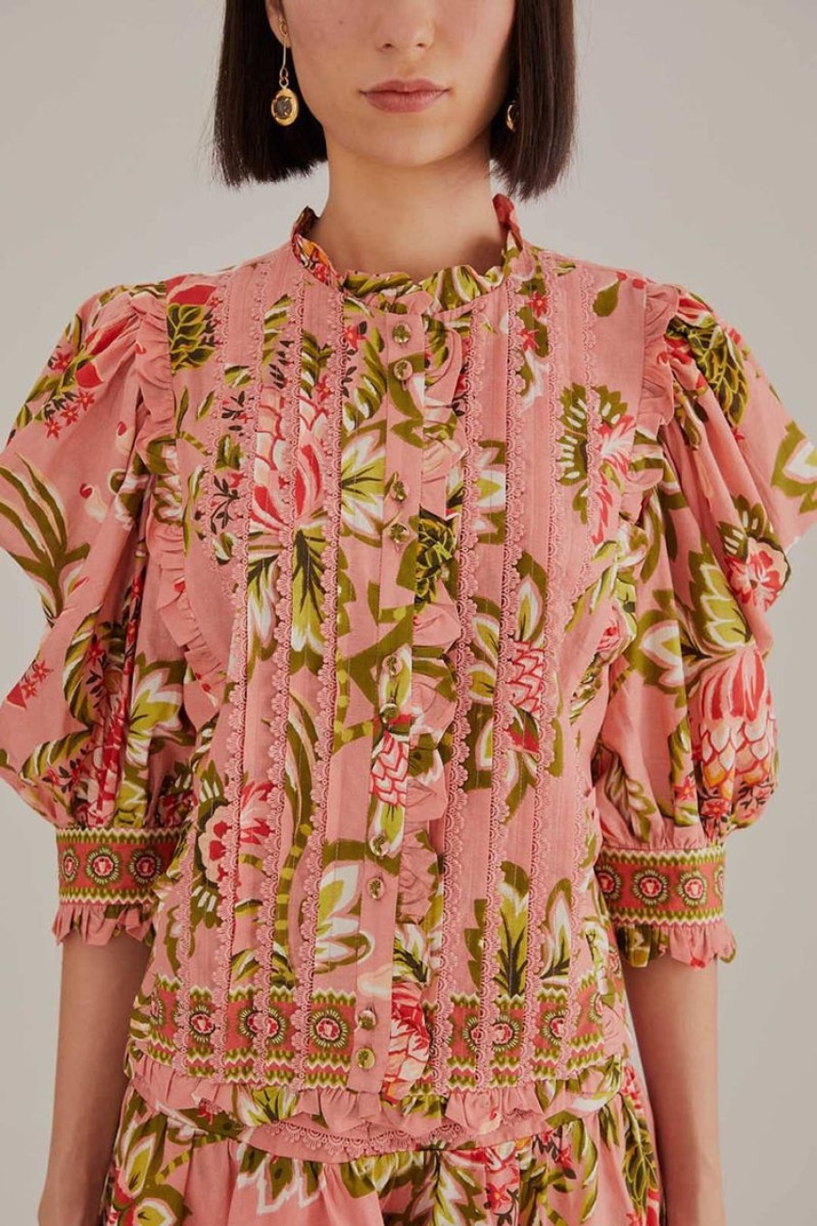 Women Farm Rio Blouses | Soft Pink Aura Floral Short Sleeve Blouse