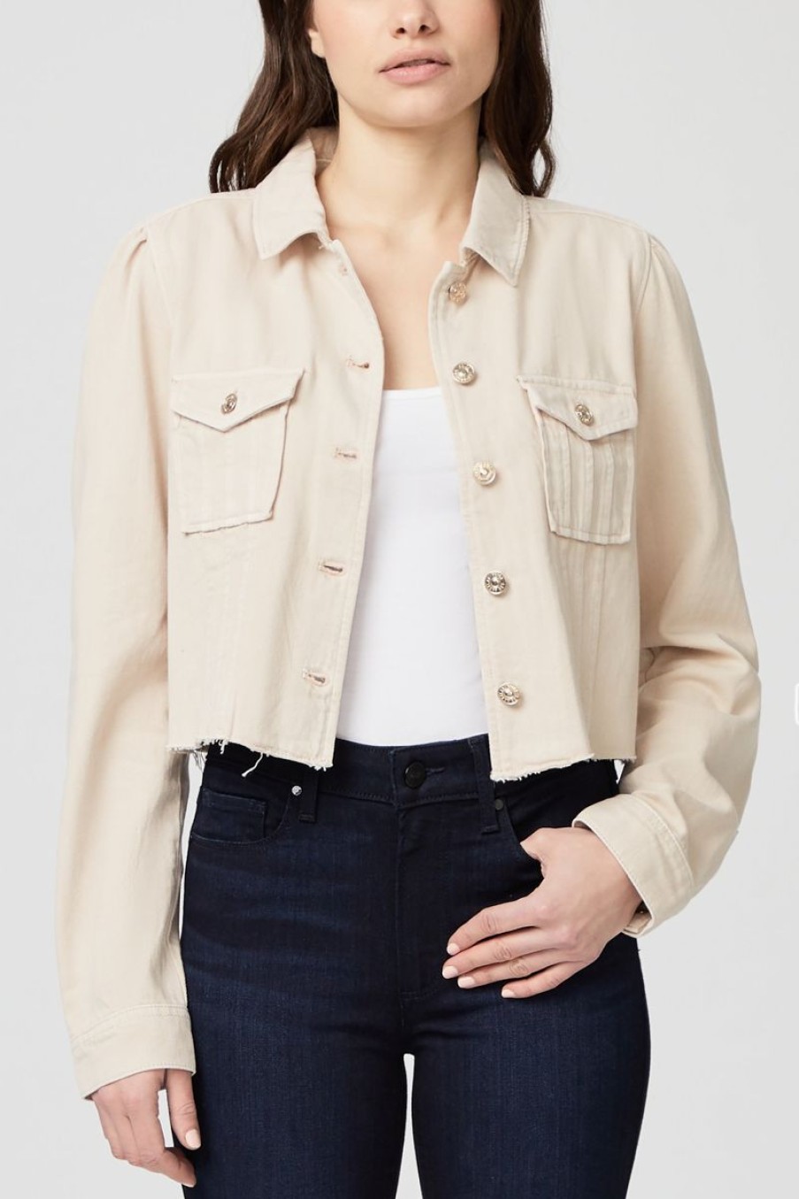 Women PAIGE Outerwear | Cropped Pacey Denim Jacket-Soft Beige