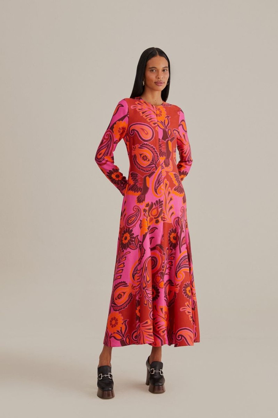 Women Farm Rio Dresses | Pink Bold Floral Long Sleeve Maxi Dress