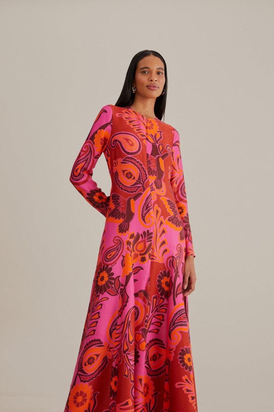 Women Farm Rio Dresses | Pink Bold Floral Long Sleeve Maxi Dress