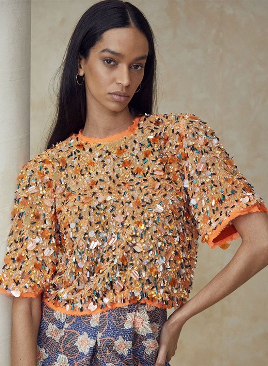 Women Hunter Bell Blouses | Shelby Top|Orange Sequins