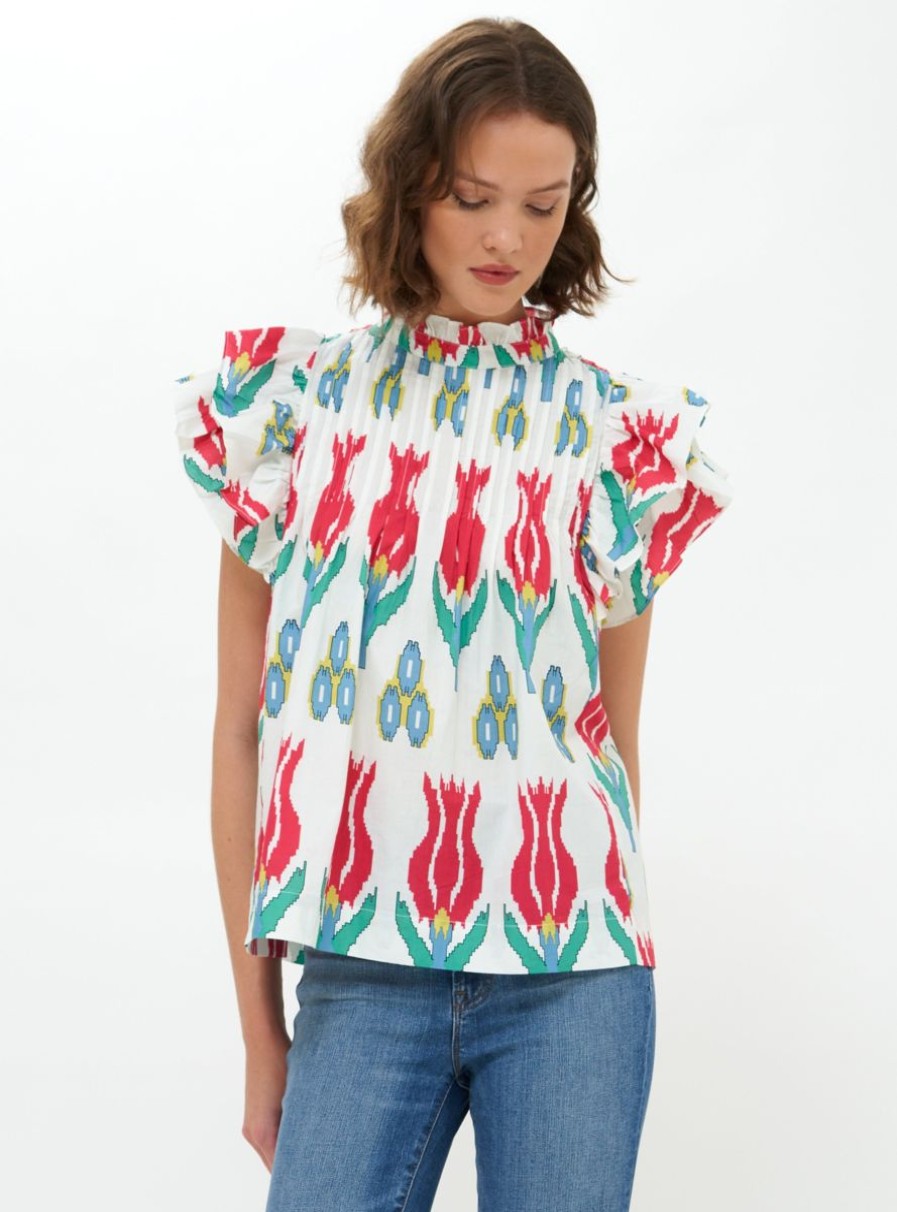 Women Oliphant Blouses | Pintuck Ruffle Top-Sumba Red