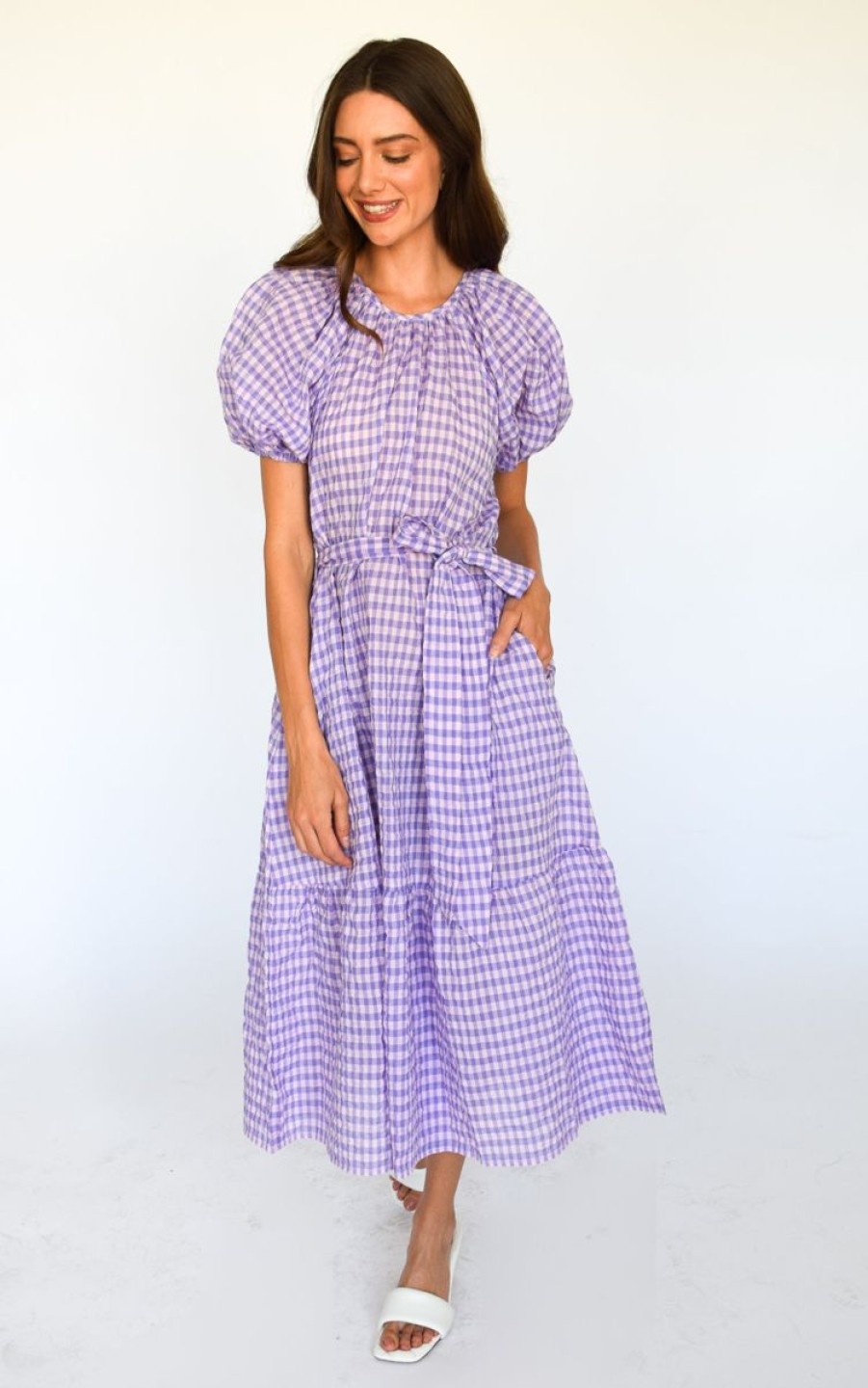 Women Never A Wallflower Dresses | Pink And Purple Check Gathered Neck Dress