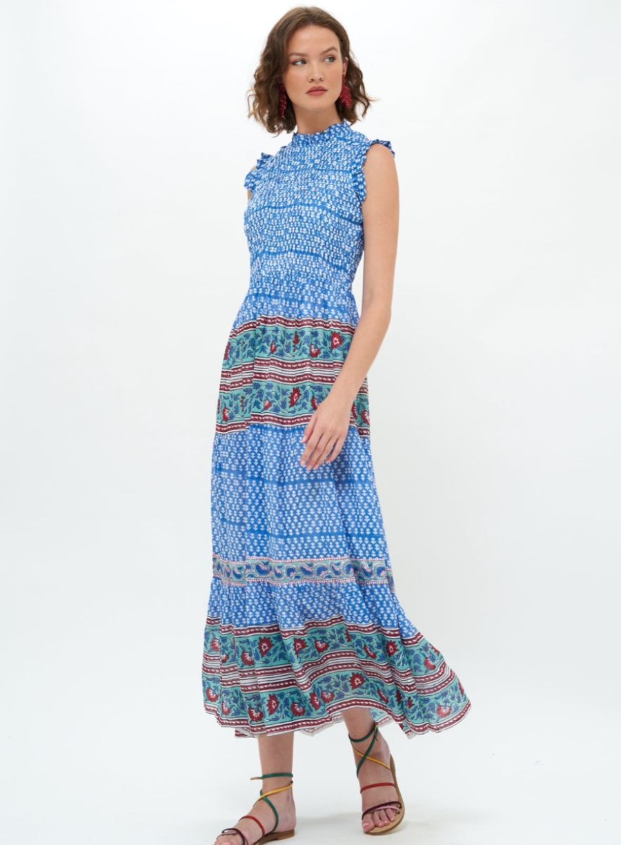 Women Oliphant Dresses | Sleeveless Smocked Maxi-Blue Campania