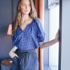 Women Never A Wallflower Blouses | Gathered V-Neck Top Cobalt Check