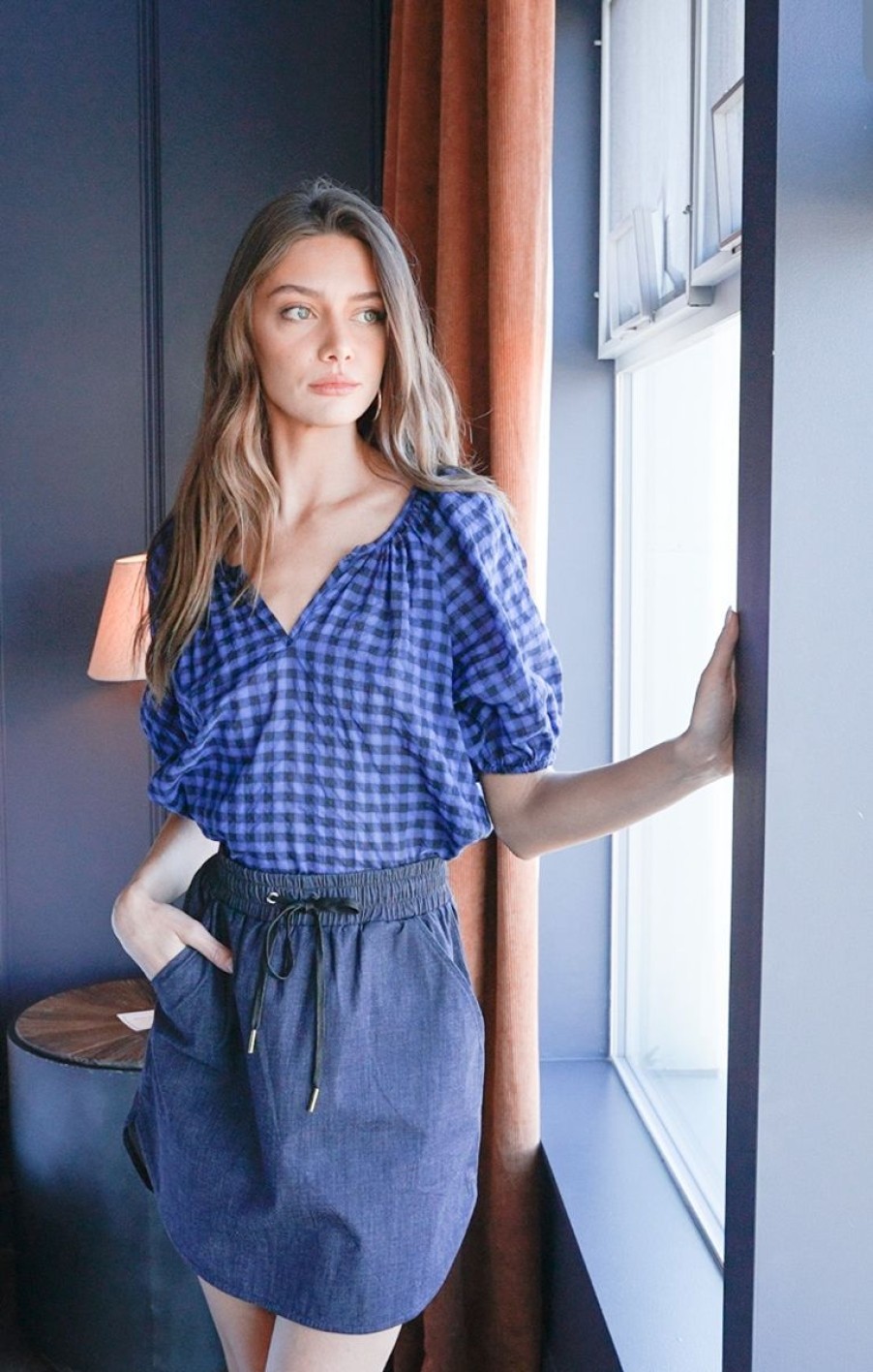 Women Never A Wallflower Blouses | Gathered V-Neck Top Cobalt Check