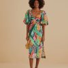 Women Farm Rio Dresses | Multicolor Banana Foliage Puff Sleeve Midi Dress